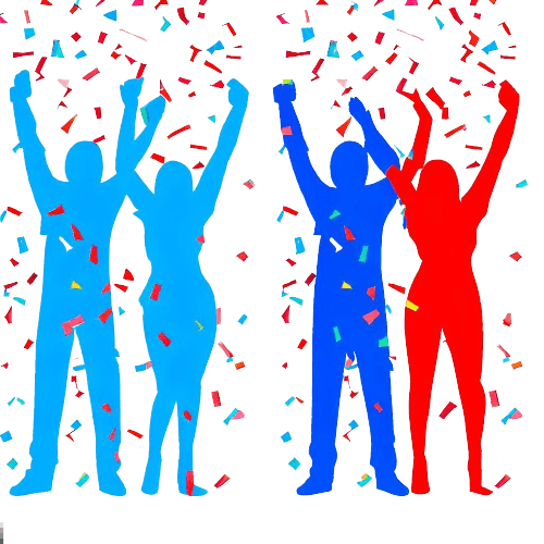 Vier Silhouetten von Menschen, die einen Sieg feiern