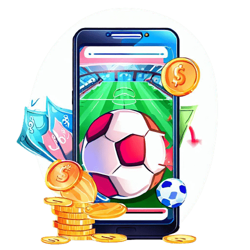 Ein Telefon, das ein Fußballfeld, Bälle und Dollarmünzen zeigt