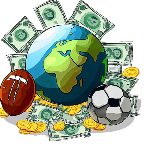 Ein Globus, umgeben von zwei Fußbällen, Münzen und Geldscheinen